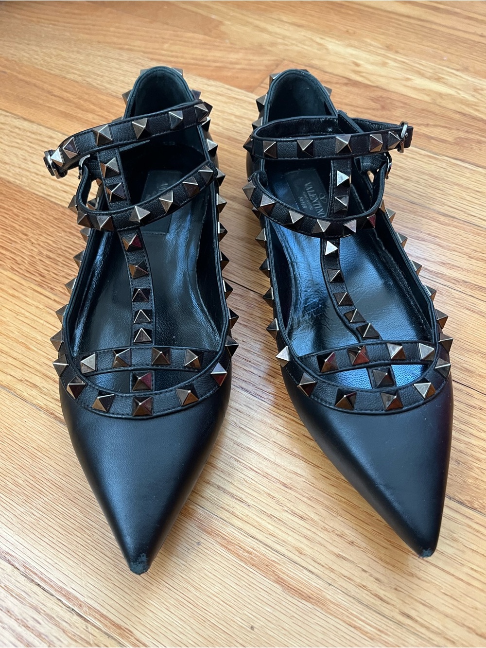 Valentino Rockstud Pointed Ankle Strap Flats in Black Leather
